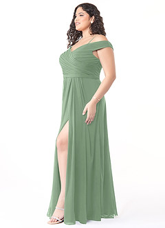 Azazie Audrianna Vestidos de damas de honor Vestido de Matcha de Gasa de Corte en A Convertible con Hombros descubiertos image9