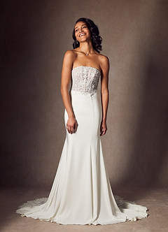 Azazie Lewena Vestidos de novia Vestido de Blanco Diamante Moca de Satén con cara trasera de crepé de Corte Sirena con Encaje image3