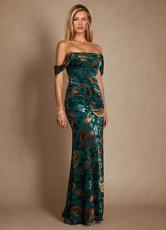 Azazie Cali Moeder van de bruid jurken Kolom Jurk van Paisley Velvet Burnout Off the Shoulder Blauwgroen Multi image2
