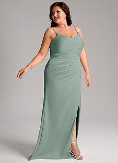 Azazie Deandra Brautjungfernkleider Meerjungfrau-Linie Plissee Stretch-Satin Kleid Silberner Salbei image11