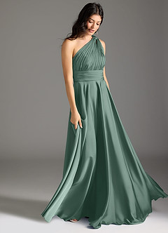 Azazie Charlize Bridesmaid Dresses Eucalyptus A-Line One Shoulder Stretch Satin Dress image3