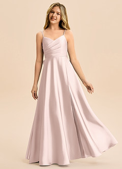 Azazie Rumi Junior Blushing Pink A-Line Pleated Stretch Satin Dress image1