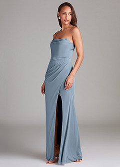 Azazie Leonis Bridesmaid Dresses Dusty Blue Sheath Strapless Mesh Convertible Dress image4
