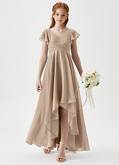 Azazie Caria Junior Robe Trapèze en Mousseline de soie Plissée Taupe image3