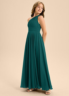 Azazie Charlize Junior Abito A-Line in Chiffon Plissettato Verde Pavone image4