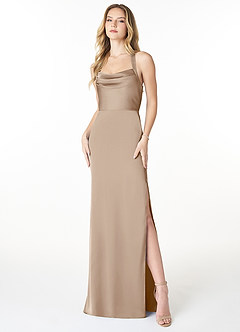 Azazie Myla Vestidos de damas de honor Vestido de Gris Pardo de Satén Elástico de Corte Recto con Ojo de cerradura de capucha image1