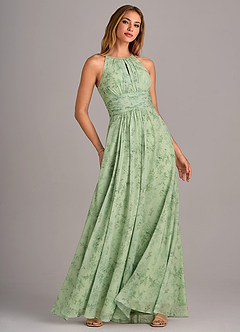 Azazie Bonnie Vestidos de damas de honor Vestido de Floral Helecho Verde de Gasa de Corte en A con Cuello de pico fruncido image1