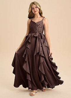 Azazie Peyton Junior Ganache A-Line Pleated Stretch Satin Dress image5