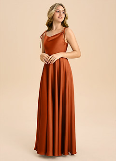 Azazie Popsy Junior Vestido de Naranja Quemada de Satén Elástico de Corte en A con Lazo image4