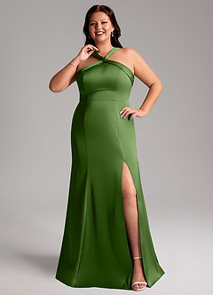 Azazie Rue Vestidos de damas de honor Vestido de Albahaca de Satén Elástico de Corte Sirena con Plisado image8