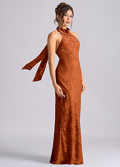 Azazie Velli Vestidos de damas de honor Vestido de Naranja Quemada de Devorado Floral de Corte Sirena con Cuello Alto image4