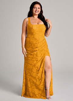 Azazie Mero Brautjungfernkleider Etui Plissee Blumen-Burnout Kleid Butterscotch image10