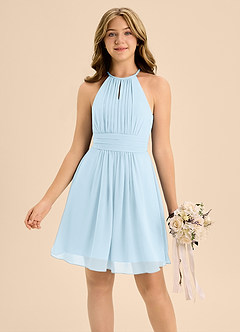 Azazie Bonnie Junior Sky Blue A-Line Pleated Chiffon Dress image3