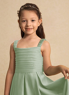 Azazie Kat Flower Girl Dresses Dusty Sage A-Line Pleated Matte Satin Dress image7