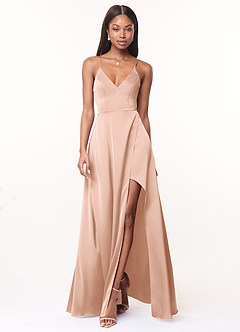 Azazie Maksim Bridesmaid Dresses Rose Gold A-Line V-Neck Stretch Satin Dress image1