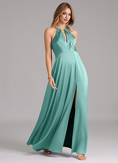 Azazie Evalleen Bridesmaid Dresses Aqua A-Line Pleated Stretch Satin Dress image5