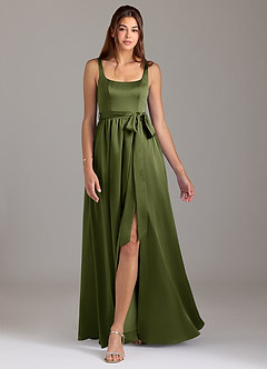 Azazie Elliott Bridesmaid Dresses Olive A-Line with Pockets Stretch Satin Dress image5