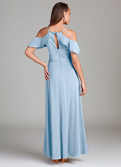 Azazie Dakota Vestidos de damas de honor Vestido Azul Pálido de Satén Elástico de Línea A con Hombros descubiertos image2