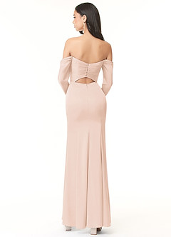 Azazie Hallie Jurken voor bruidsmeisjes Converteerbaar Jurk van Stretch Satijn met Kolom Off-the-shoulder lange mouw Blozend Roze image4