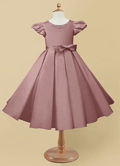 Azazie Jewel Flower Girl Dresses Ball-Gown Pleated Matte Satin Tea-Length Dress image4