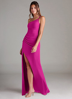 Azazie Eren Vestidos de damas de honor Vestido de Fucsia de Gasa de Corte Recto con Hombro unilateral image5