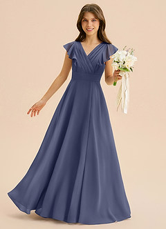 Azazie Anysa Junior Robe Trapèze en Mousseline de soie Rayé Bleu Orageux image1