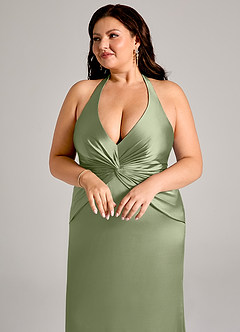 Azazie Valerie Vestidos de damas de honor Vestido Pistacho de Satén Elástico de Corte Sirena con Plisado image13
