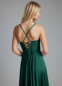 Azazie Alaia Final Sale Emerald A-Line Corset Stretch Satin Dress image2