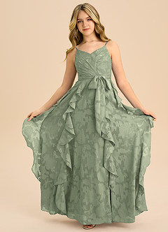 Azazie Peyton Junior A-Linie Plissee Blumen-Burnout Kleid Agave image3