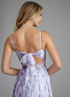 Azazie Zeya At-home Try On Dresses Lilac Watercolor Floral A-Line Watercolor Floral Dress image6