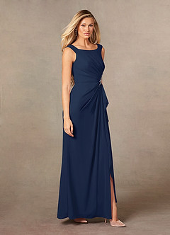 Azazie Yarrow At-home Try On Dresses Dark Navy A-Line Pleated Chiffon Dress image6