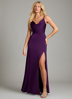 Azazie Sarella Bridesmaid Dresses Grape A-Line Pleated Stretch Satin Dress image4