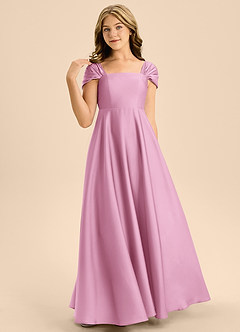 Azazie Rowena Junior Vestido de Rosa Caramelo de Satén Elástico de Corte en A con Lazo image4