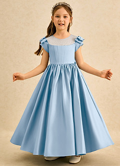 Azazie Toffee Abiti da Ragazza di Fiori Abito Stile Principessa in Raso Opaco Fiocco Azzurro Polvere image3