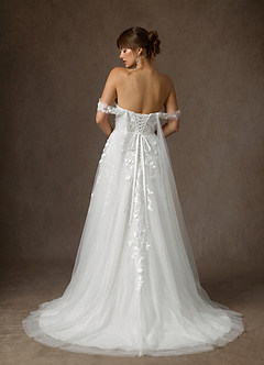 Azazie Wynery At-home Try On Dresses Diamond White Ball-Gown Off the Shoulder Lace Dress image5