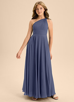 Azazie Charlize Junior Robe Trapèze en Mousseline de soie Plissée Bleu Orageux image3