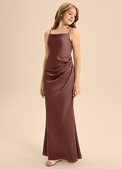 Azazie Renna Junior Espresso A-Line Pleated Stretch Satin Dress image1