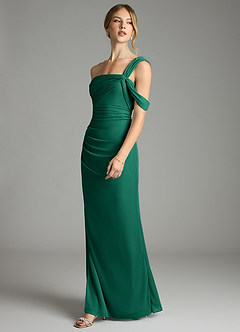 Azazie Tati Bridesmaid Dresses Emerald Sheath Off the Shoulder Mesh Dress image4