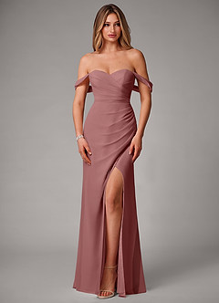 Azazie Haisley Robes de demoiselle d'honneur Robe Fourreau Convertible en Mousseline de soie Épaule décolletée Rose Du Désert image4