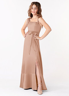 Azazie Barbara Junior Champagne Rose A-Line Bow Matte Satin Dress image1