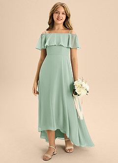 Azazie Maggie Junior Agave A-Line Off the Shoulder Chiffon Dress image3
