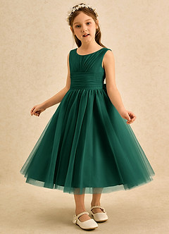 Azazie Macaron Abiti da Ragazza di Fiori Abito A-Line in Tulle Plissettato Smeraldo image4
