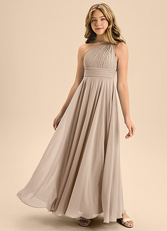 Azazie Charlize Junior Taupe A-Line Pleated Chiffon Dress image1