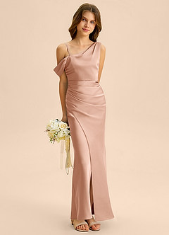 Azazie Madelyn Junior Osłona Zza ramienia Satyna elastyczna Długość podłogi Młodsza druhna Sukienka image4