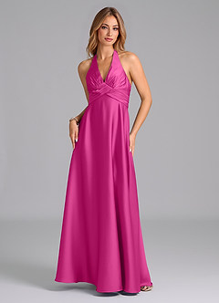Azazie Tessie Bridesmaid Dresses Fuchsia A-Line Pleated Stretch Satin Dress image6