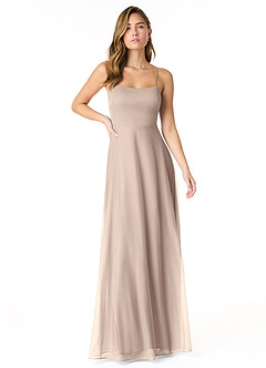 Azazie Rae Final Sale Taupe A-Line Bow Mesh Dress image1