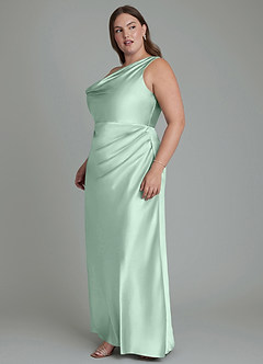 Azazie Emerson Bridesmaid Dresses Agave Mermaid Off the Shoulder Metallic Satin Dress image10