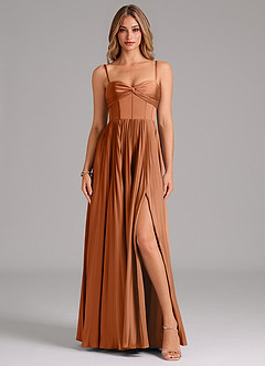 Azazie Akiko Robes de demoiselle d'honneur Robe Trapèze en Satin extensible Encolure en Forme de Cœur Cuivre image1