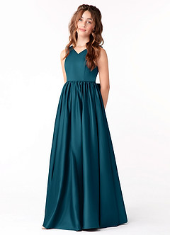 Azazie Hathaway Junior Vestido de Azul Tinta de Satén Elástico de Corte en A con Lazo image3