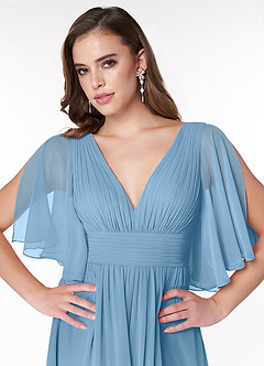 Azazie Temeka Abiti da Damigella Abito A-Line in Chiffon Increspato Blu Acciaio image6